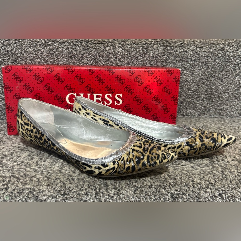 GUESS Leopard Print Metallic Pointed Toe Kitten Heel Flats